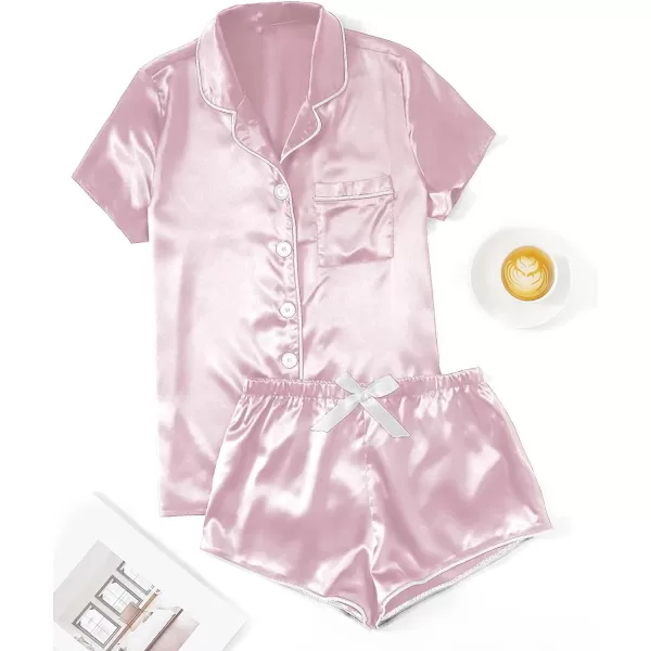 WDIRARA Women's Sleepwear Satin Short Sleeve Button Shirt and Shorts Pajama Set
