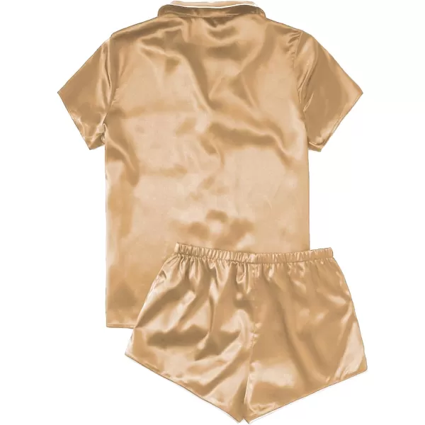 WDIRARA Women's Sleepwear Satin Short Sleeve Button Shirt and Shorts Pajama Set