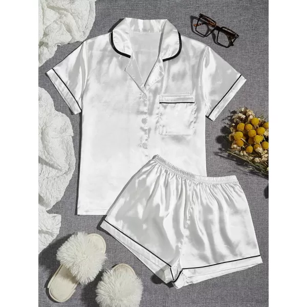 WDIRARA Women's Sleepwear Satin Short Sleeve Button Shirt and Shorts Pajama Set