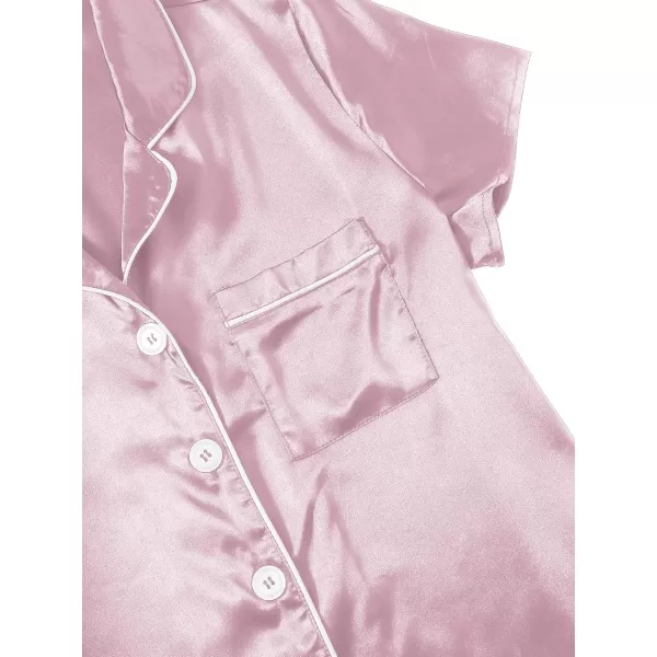 WDIRARA Women's Sleepwear Satin Short Sleeve Button Shirt and Shorts Pajama Set
