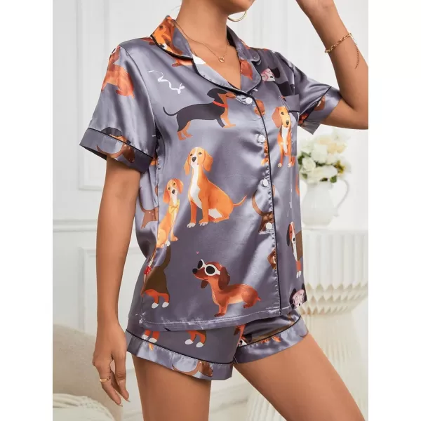 WDIRARA Women's Sleepwear Satin Short Sleeve Button Shirt and Shorts Pajama Set