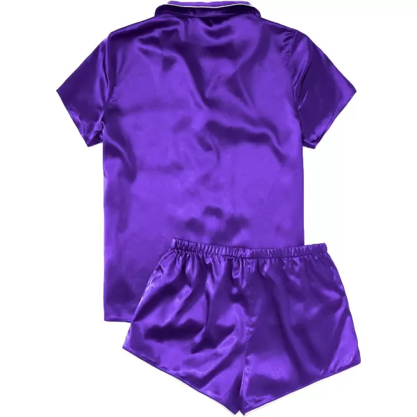 WDIRARA Women's Sleepwear Satin Short Sleeve Button Shirt and Shorts Pajama Set