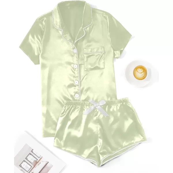 WDIRARA Women's Sleepwear Satin Short Sleeve Button Shirt and Shorts Pajama Set