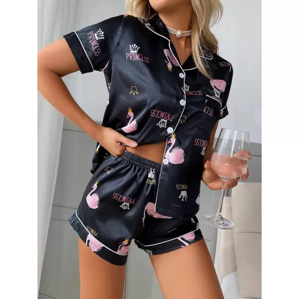 WDIRARA Women's Sleepwear Satin Short Sleeve Button Shirt and Shorts Pajama Set