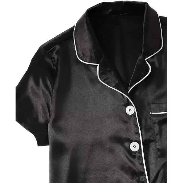 WDIRARA Women's Sleepwear Satin Short Sleeve Button Shirt and Shorts Pajama Set