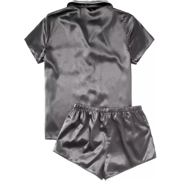 WDIRARA Women's Sleepwear Satin Short Sleeve Button Shirt and Shorts Pajama Set