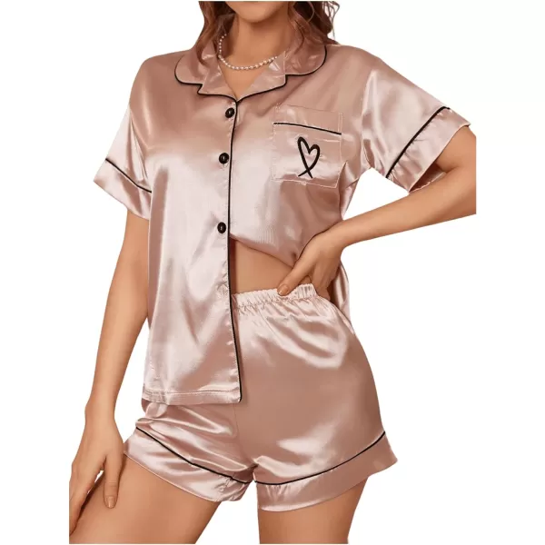 WDIRARA Women's Sleepwear Satin Short Sleeve Button Shirt and Shorts Pajama Set