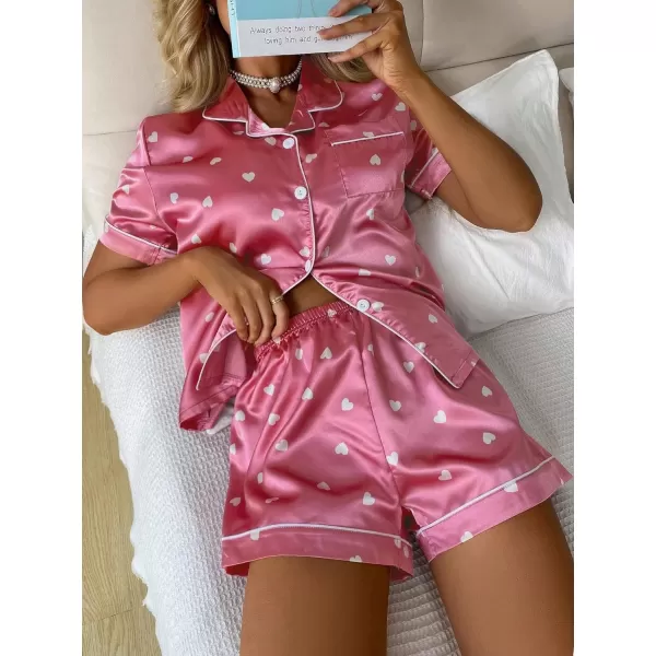 WDIRARA Women's Sleepwear Satin Short Sleeve Button Shirt and Shorts Pajama Set