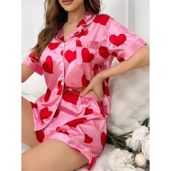 WDIRARA Women's Sleepwear Satin Short Sleeve Button Shirt and Shorts Pajama Set