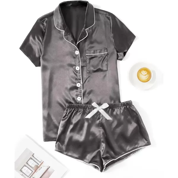WDIRARA Women's Sleepwear Satin Short Sleeve Button Shirt and Shorts Pajama Set
