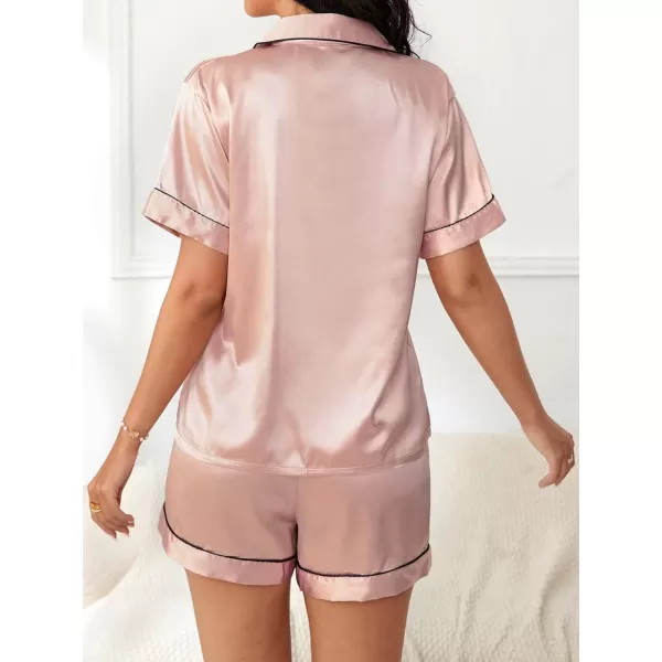 WDIRARA Women's Sleepwear Satin Short Sleeve Button Shirt and Shorts Pajama Set