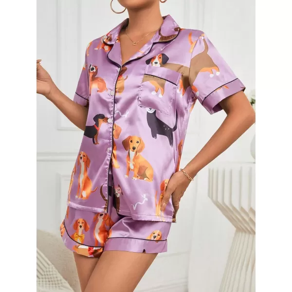 WDIRARA Women's Sleepwear Satin Short Sleeve Button Shirt and Shorts Pajama Set