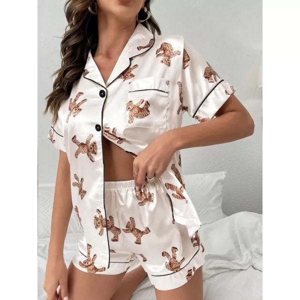 WDIRARA Women's Sleepwear Satin Short Sleeve Button Shirt and Shorts Pajama Set