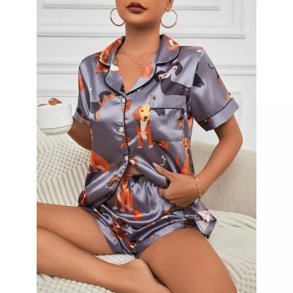 WDIRARA Women's Sleepwear Satin Short Sleeve Button Shirt and Shorts Pajama Set