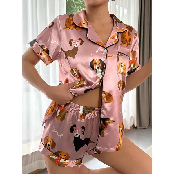 WDIRARA Women's Sleepwear Satin Short Sleeve Button Shirt and Shorts Pajama Set