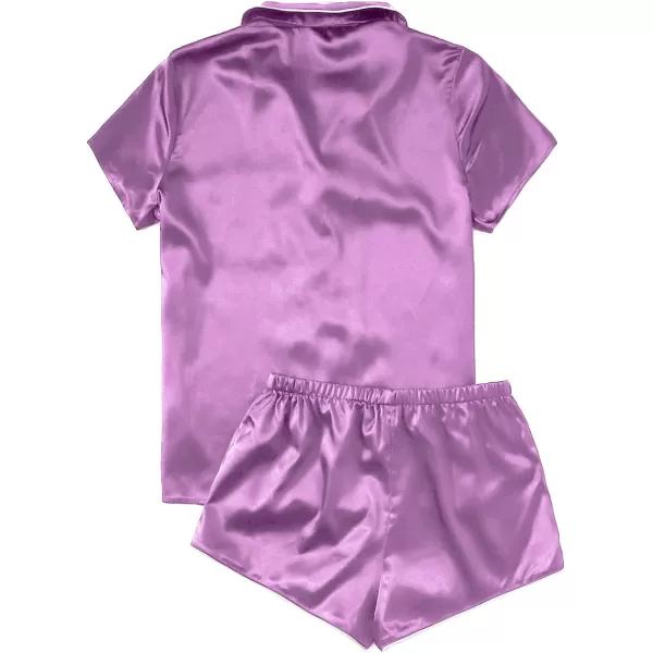 WDIRARA Women's Sleepwear Satin Short Sleeve Button Shirt and Shorts Pajama Set