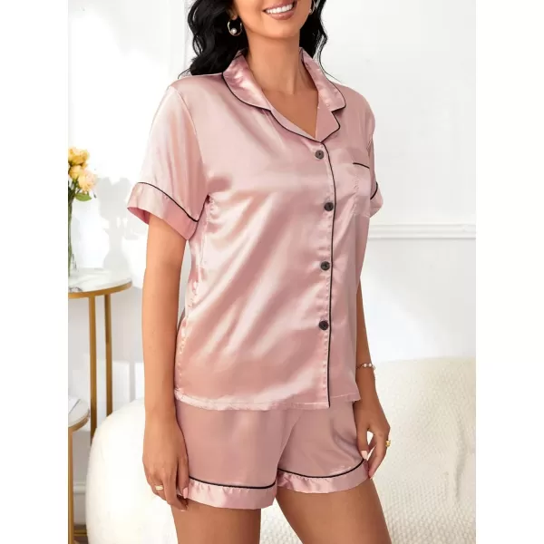 WDIRARA Women's Sleepwear Satin Short Sleeve Button Shirt and Shorts Pajama Set