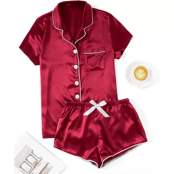 WDIRARA Women's Sleepwear Satin Short Sleeve Button Shirt and Shorts Pajama Set