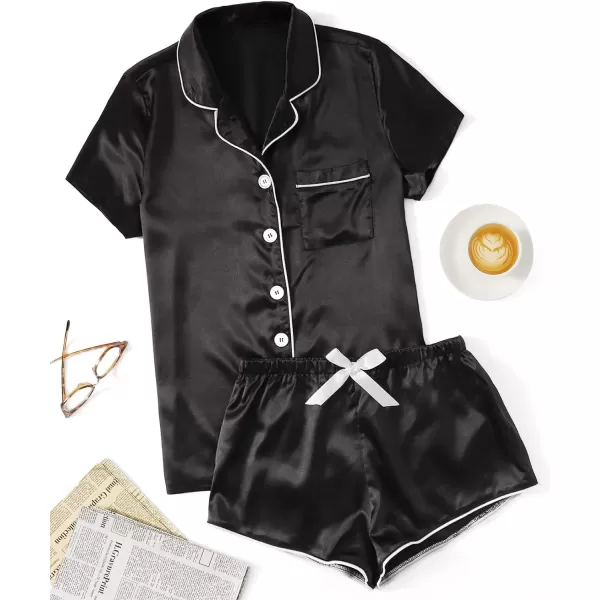 WDIRARA Women's Sleepwear Satin Short Sleeve Button Shirt and Shorts Pajama Set