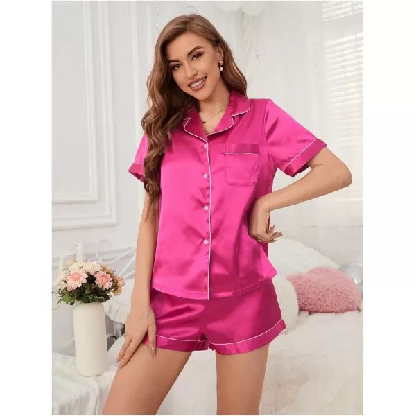 WDIRARA Women's Sleepwear Satin Short Sleeve Button Shirt and Shorts Pajama Set