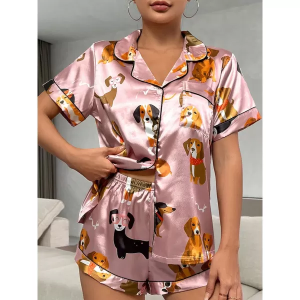 WDIRARA Women's Sleepwear Satin Short Sleeve Button Shirt and Shorts Pajama Set