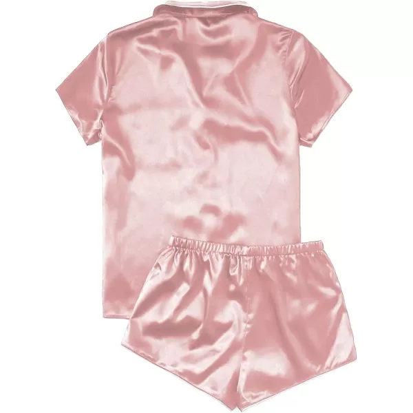 WDIRARA Women's Sleepwear Satin Short Sleeve Button Shirt and Shorts Pajama Set