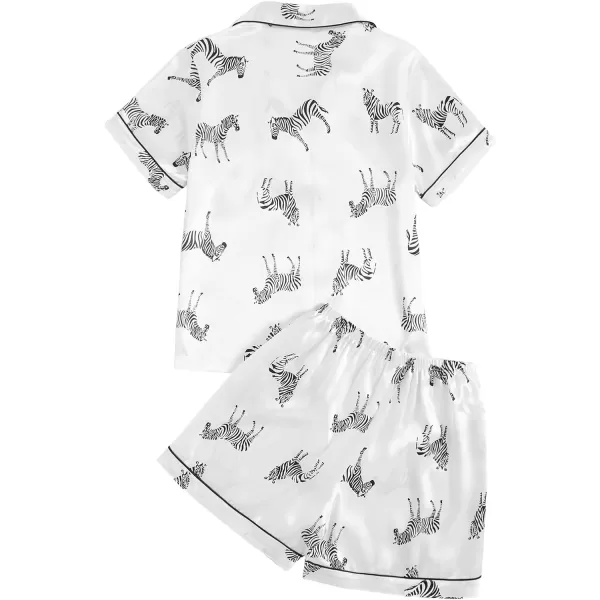 WDIRARA Women's Sleepwear Satin Short Sleeve Button Shirt and Shorts Pajama Set