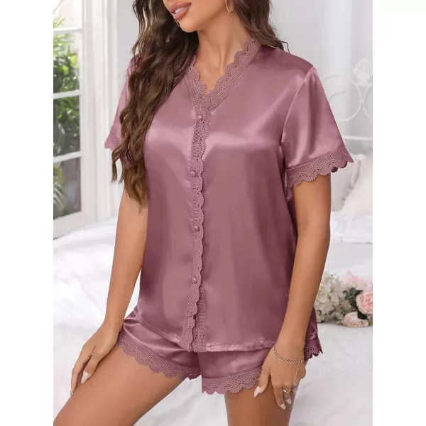 WDIRARA Women's Sleepwear Satin Short Sleeve Button Shirt and Shorts Pajama Set
