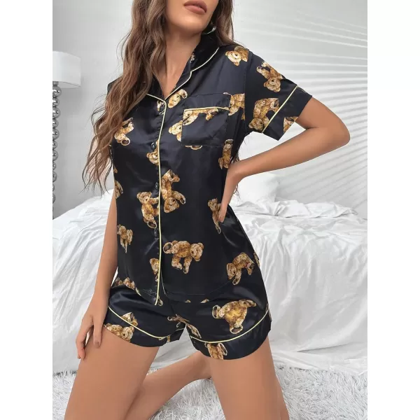 WDIRARA Women's Sleepwear Satin Short Sleeve Button Shirt and Shorts Pajama Set
