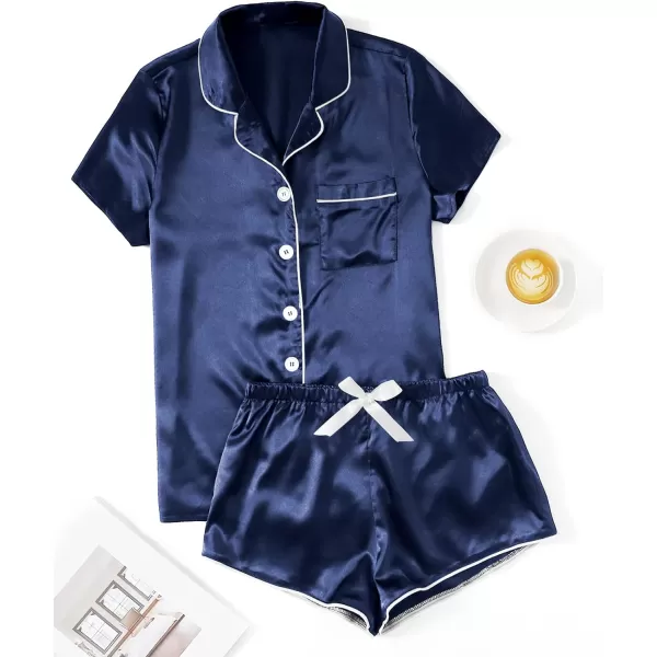 WDIRARA Women's Sleepwear Satin Short Sleeve Button Shirt and Shorts Pajama Set