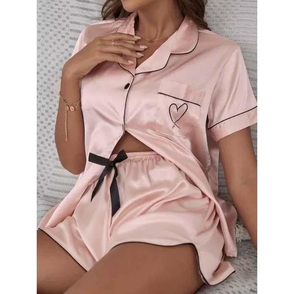 WDIRARA Women's Sleepwear Satin Short Sleeve Button Shirt and Shorts Pajama Set