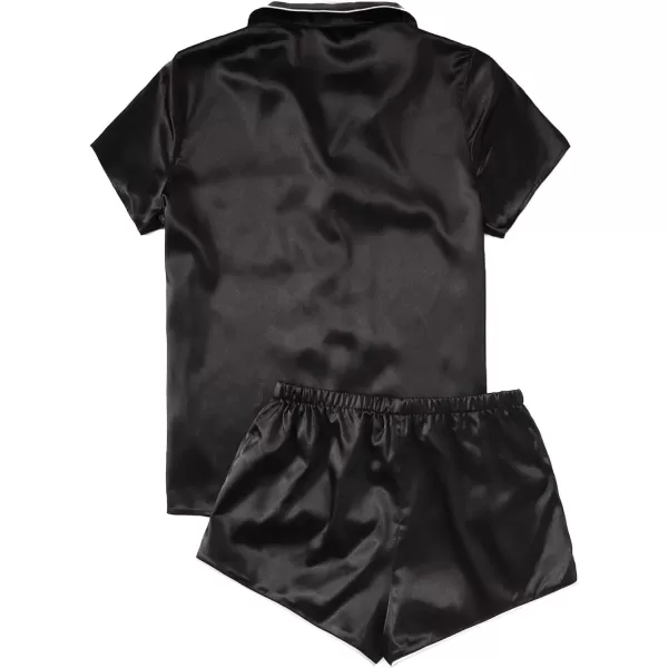 WDIRARA Women's Sleepwear Satin Short Sleeve Button Shirt and Shorts Pajama Set