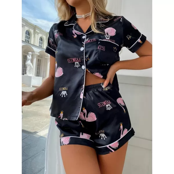 WDIRARA Women's Sleepwear Satin Short Sleeve Button Shirt and Shorts Pajama Set