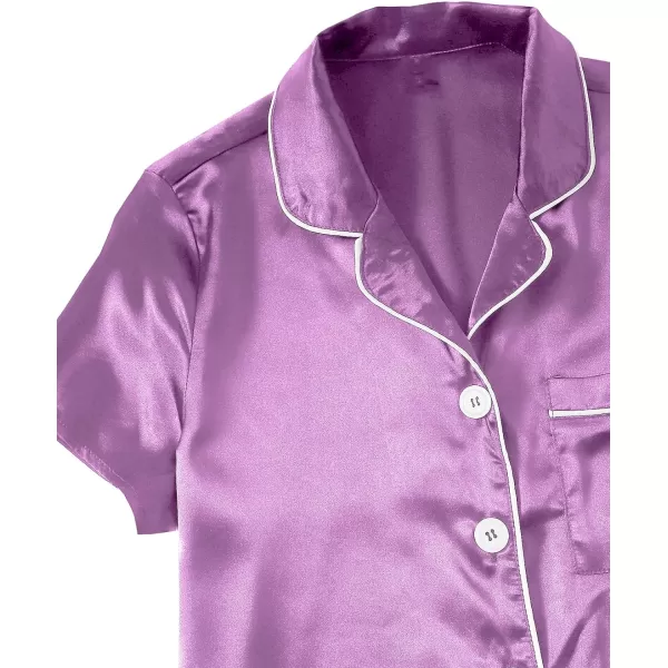 WDIRARA Women's Sleepwear Satin Short Sleeve Button Shirt and Shorts Pajama Set