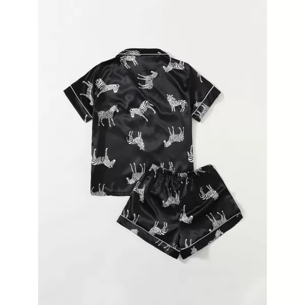 WDIRARA Women's Sleepwear Satin Short Sleeve Button Shirt and Shorts Pajama Set