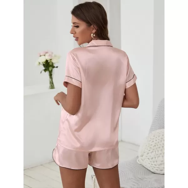 WDIRARA Women's Sleepwear Satin Short Sleeve Button Shirt and Shorts Pajama Set