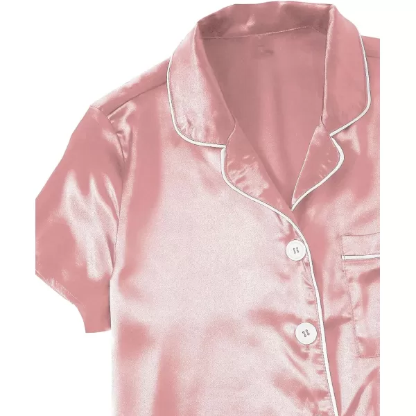 WDIRARA Women's Sleepwear Satin Short Sleeve Button Shirt and Shorts Pajama Set