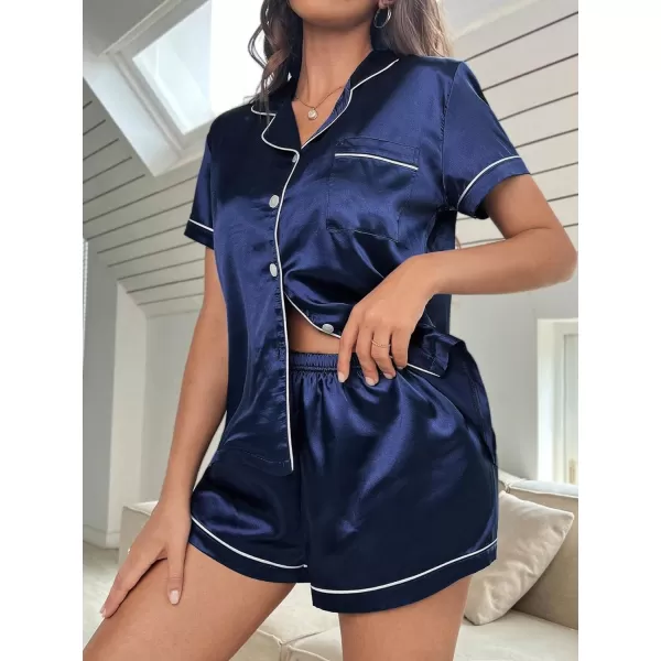 WDIRARA Women's Sleepwear Satin Short Sleeve Button Shirt and Shorts Pajama Set