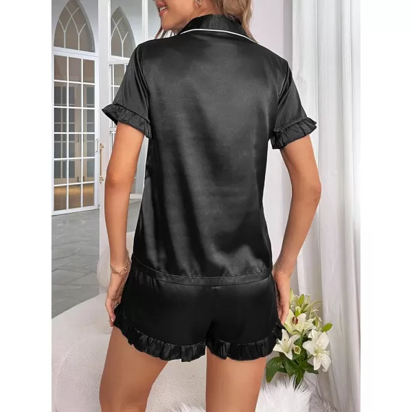 WDIRARA Women's Sleepwear Satin Short Sleeve Shirt and Shorts Cartoon Print Pajama Set