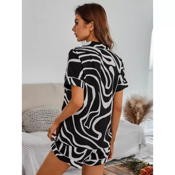 WDIRARA Women's Sleepwear Satin Short Sleeve Shirt and Shorts Cartoon Print Pajama Set