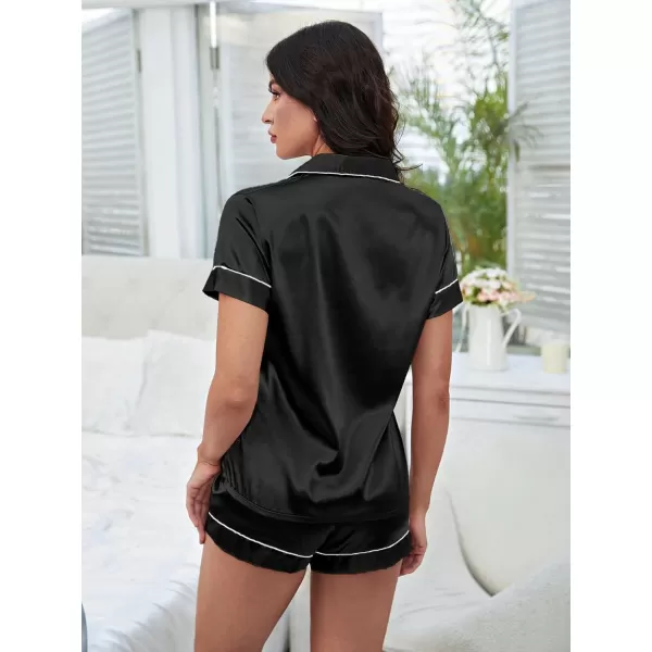 WDIRARA Women's Sleepwear Satin Short Sleeve Shirt and Shorts Cartoon Print Pajama Set