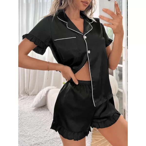 WDIRARA Women's Sleepwear Satin Short Sleeve Shirt and Shorts Cartoon Print Pajama Set