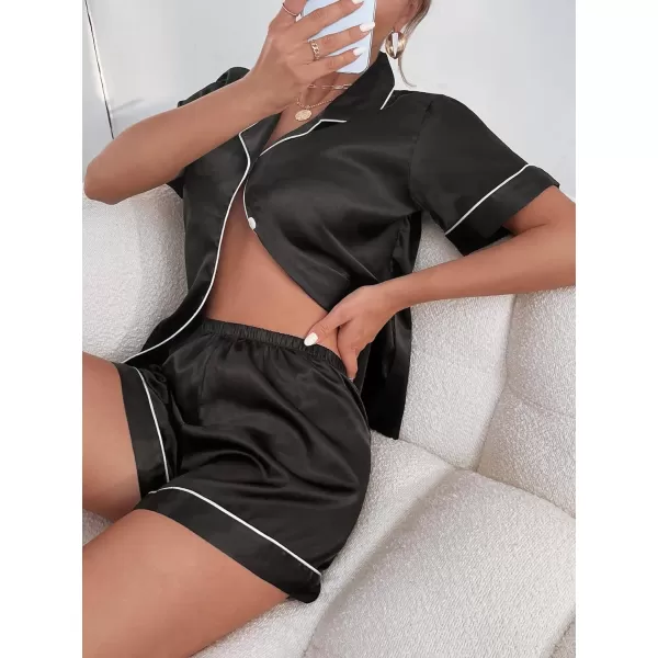 WDIRARA Women's Sleepwear Satin Short Sleeve Shirt and Shorts Cartoon Print Pajama Set