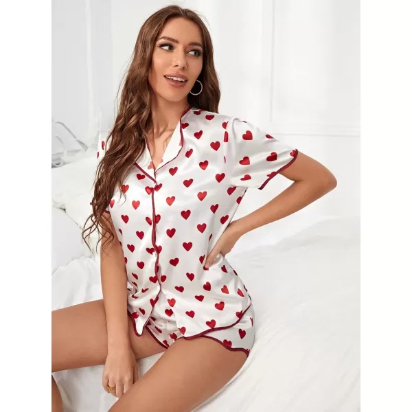WDIRARA Women's Sleepwear Satin Short Sleeve Shirt and Shorts Cartoon Print Pajama Set