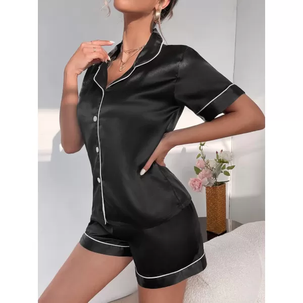 WDIRARA Women's Sleepwear Satin Short Sleeve Shirt and Shorts Cartoon Print Pajama Set