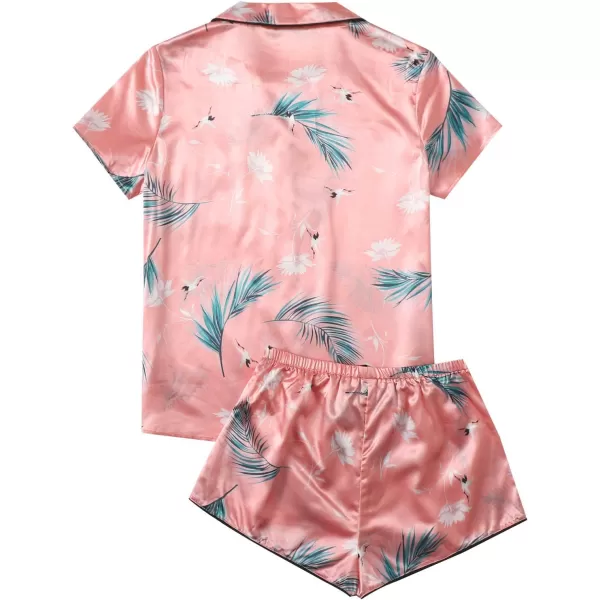 WDIRARA Women's Sleepwear Satin Short Sleeve Shirt and Shorts Pajama Set