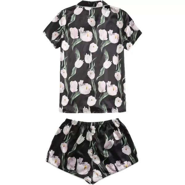 WDIRARA Women's Sleepwear Satin Short Sleeve Shirt and Shorts Pajama Set