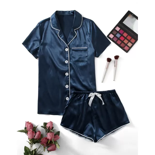 WDIRARA Women's Sleepwear Satin Short Sleeve Shirt and Shorts Pajama Set