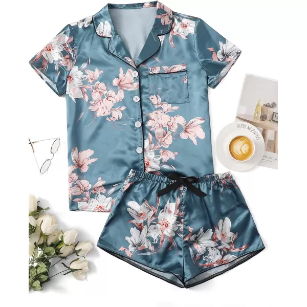 WDIRARA Women's Sleepwear Satin Short Sleeve Shirt and Shorts Pajama Set