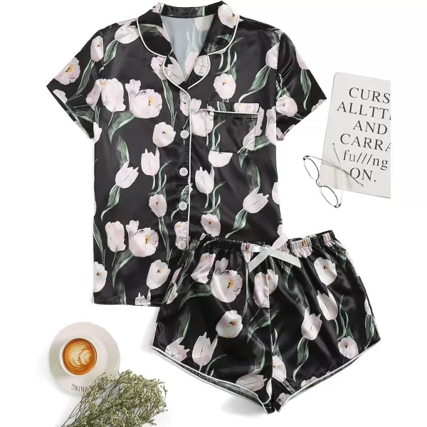 WDIRARA Women's Sleepwear Satin Short Sleeve Shirt and Shorts Pajama Set